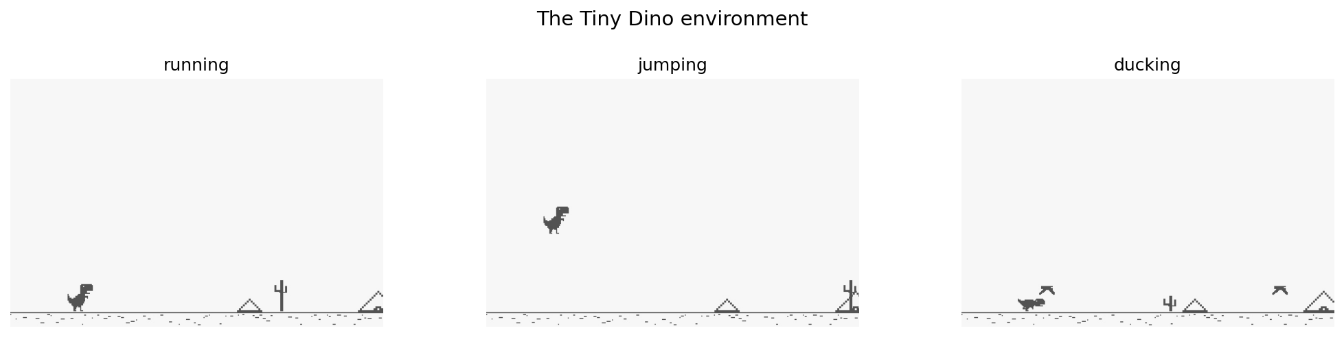 Three frames from the Tiny Dino environment showing the dino running, jumping, and ducking