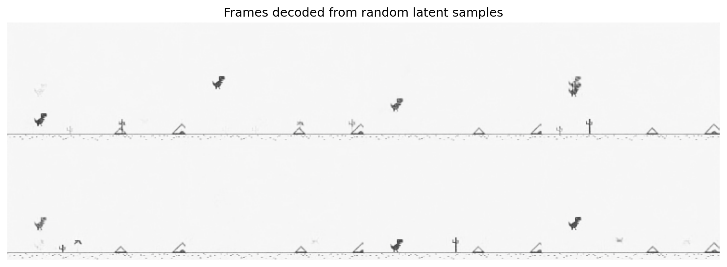 Eight Dino frames decoded from random standard-normal latent vectors